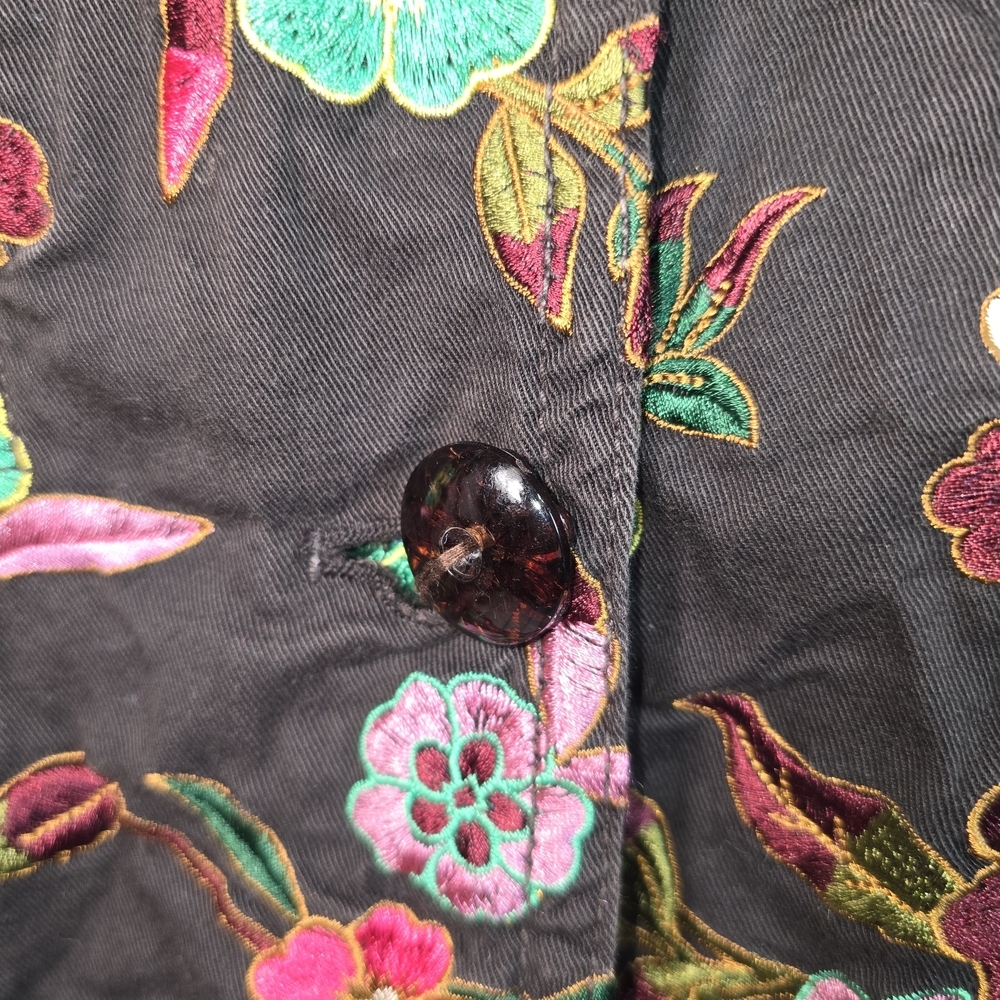 JOHNNY WAS CHOCOLATE BROWN FLORAL EMBROIDERED TRENCH COAT WOMENS XS - Picture 5 of 9